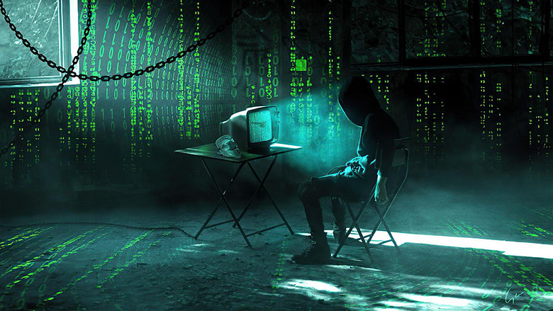 An illustrative image depicting a green matrix background with a person sitting in front of a monitor