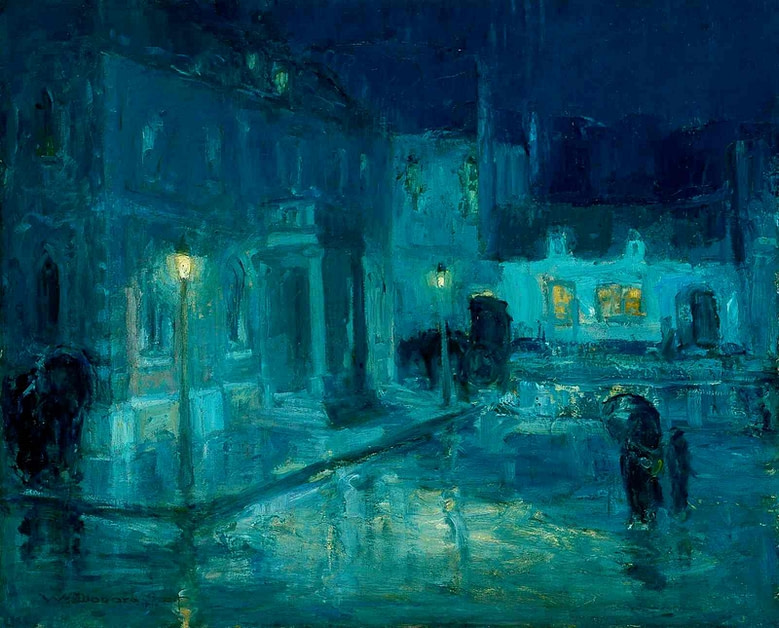 An oil painting of a rainy night